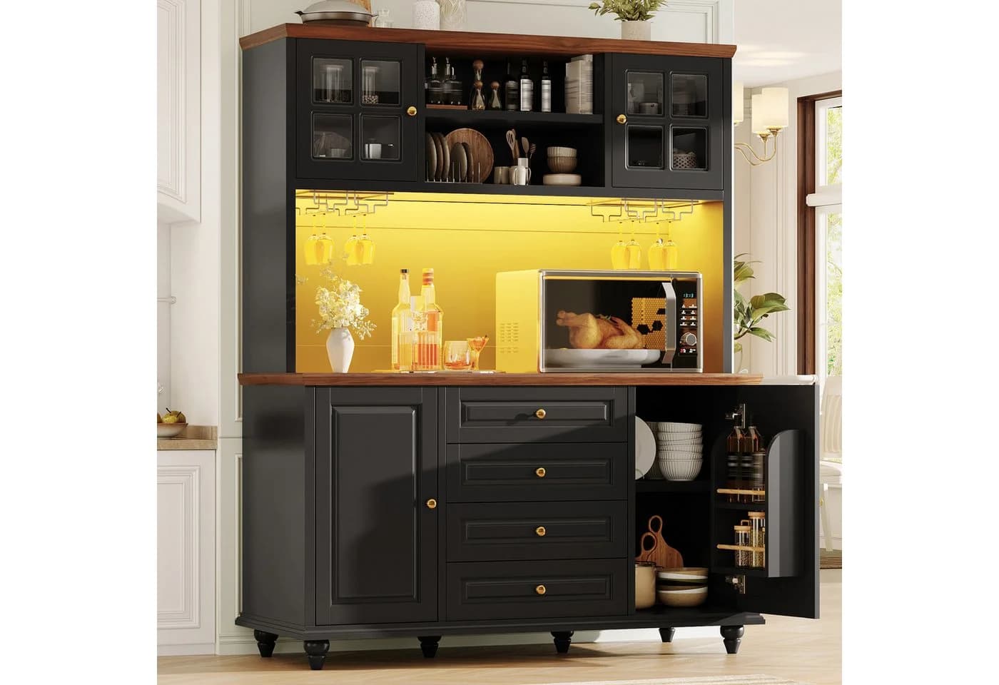 Flieks Küchenbuffet mit LED-Beleuchtung und Acryltüren Schwarz - Bild 2