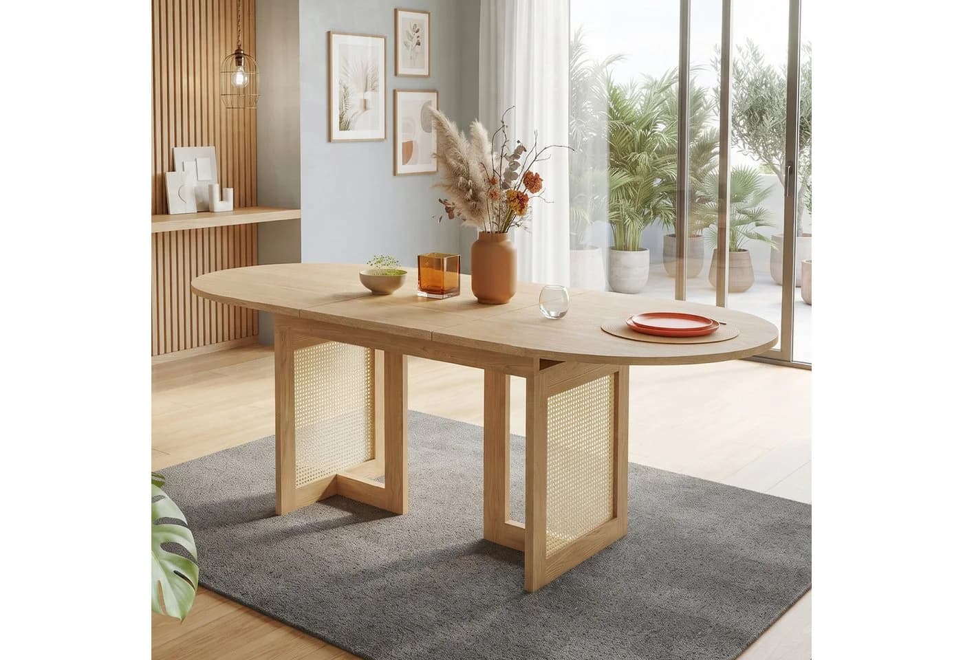Flieks Esstisch ausziehbar Rattan Holzoptik Beige Oval