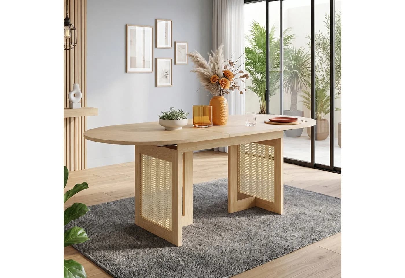 Flieks Esstisch ausziehbar Rattan Holzoptik Beige Oval - Bild 4