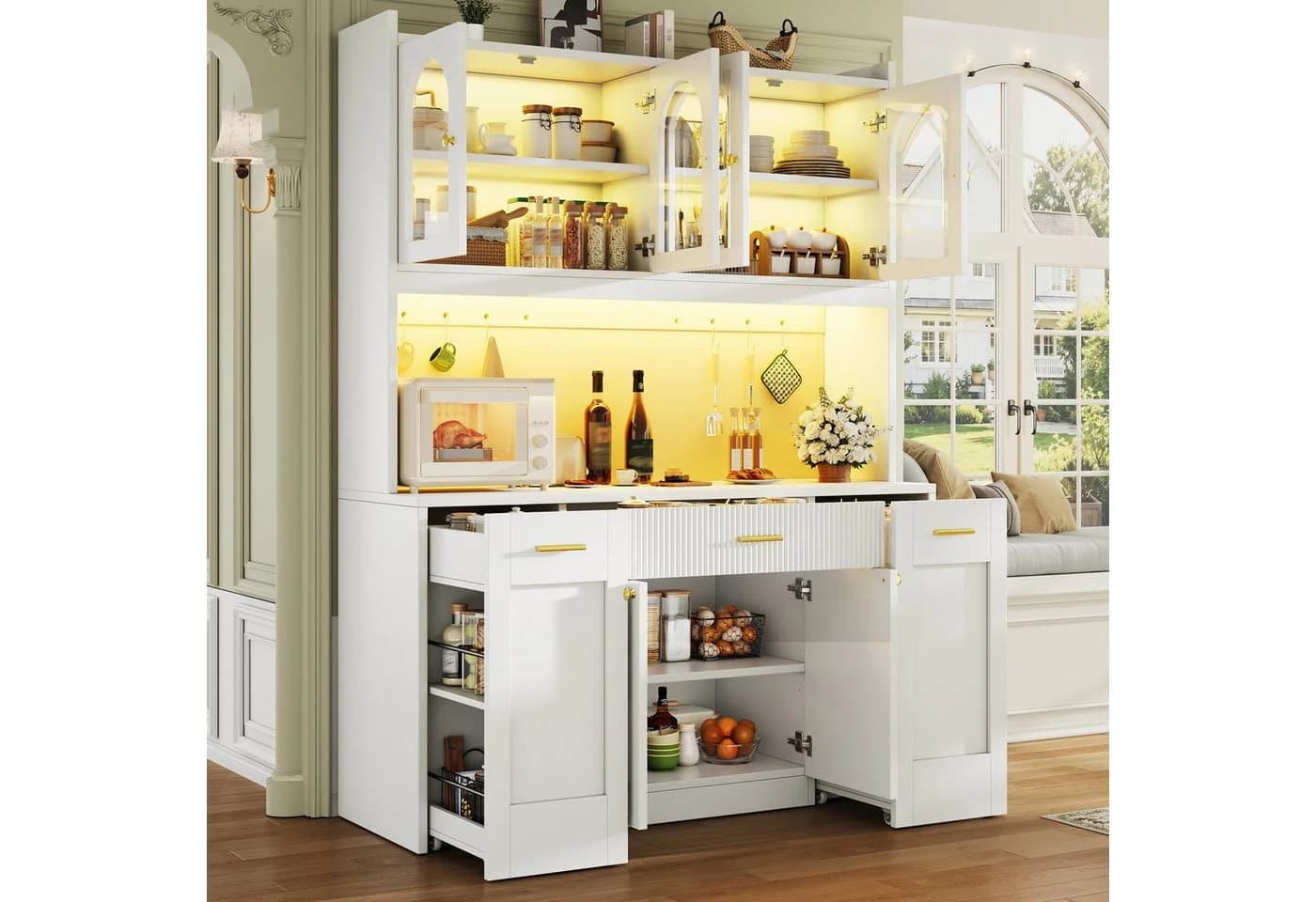 Flieks Küchenbuffet Hochschrank Weiß mit LED-Beleuchtung und 4 Glastüren - Bild 3