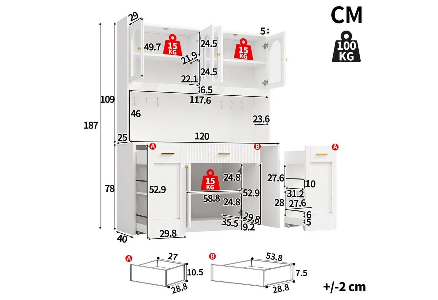 Flieks Küchenbuffet Hochschrank Weiß mit LED-Beleuchtung und 4 Glastüren - Bild 5