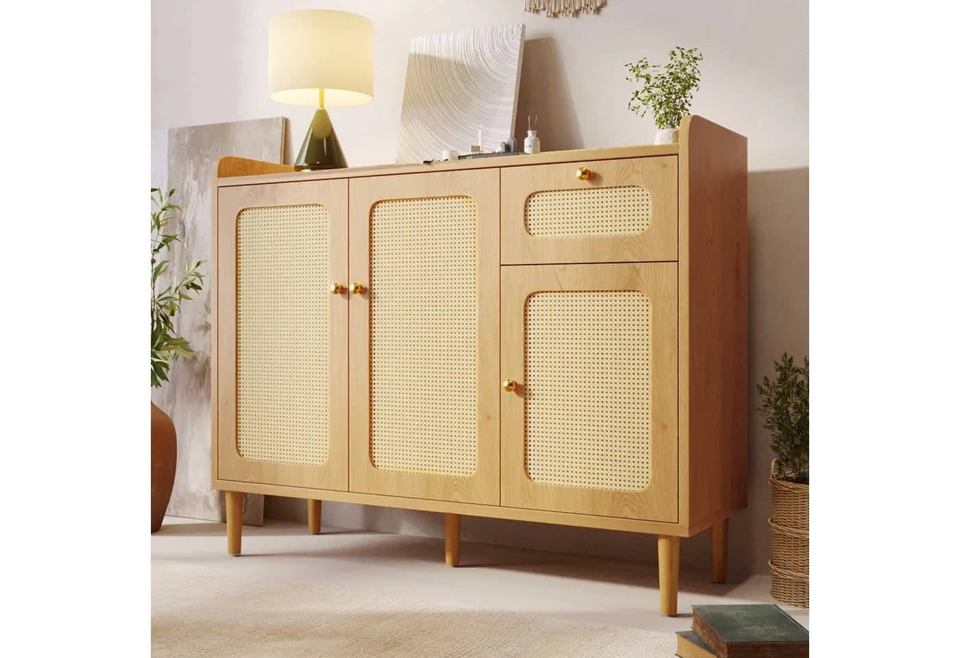 Flieks Sideboard Rattan-Geflecht Eicheholzoptik Beige 3 Türen 1 Schublade - Bild 2