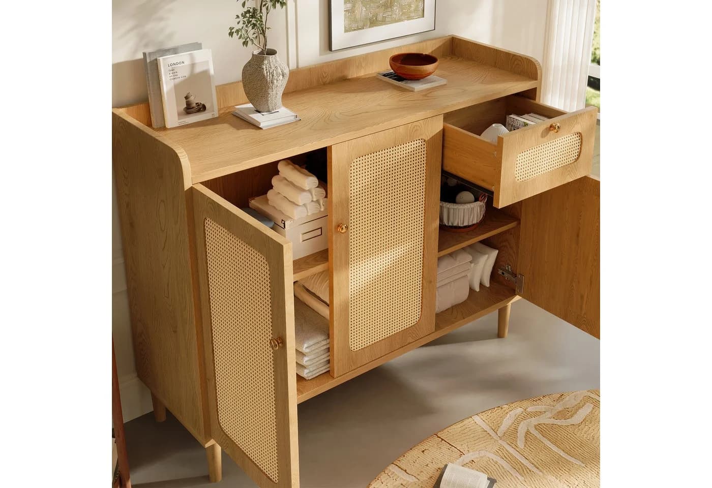 Flieks Sideboard Rattan-Geflecht Eicheholzoptik Beige 3 Türen 1 Schublade - Bild 4