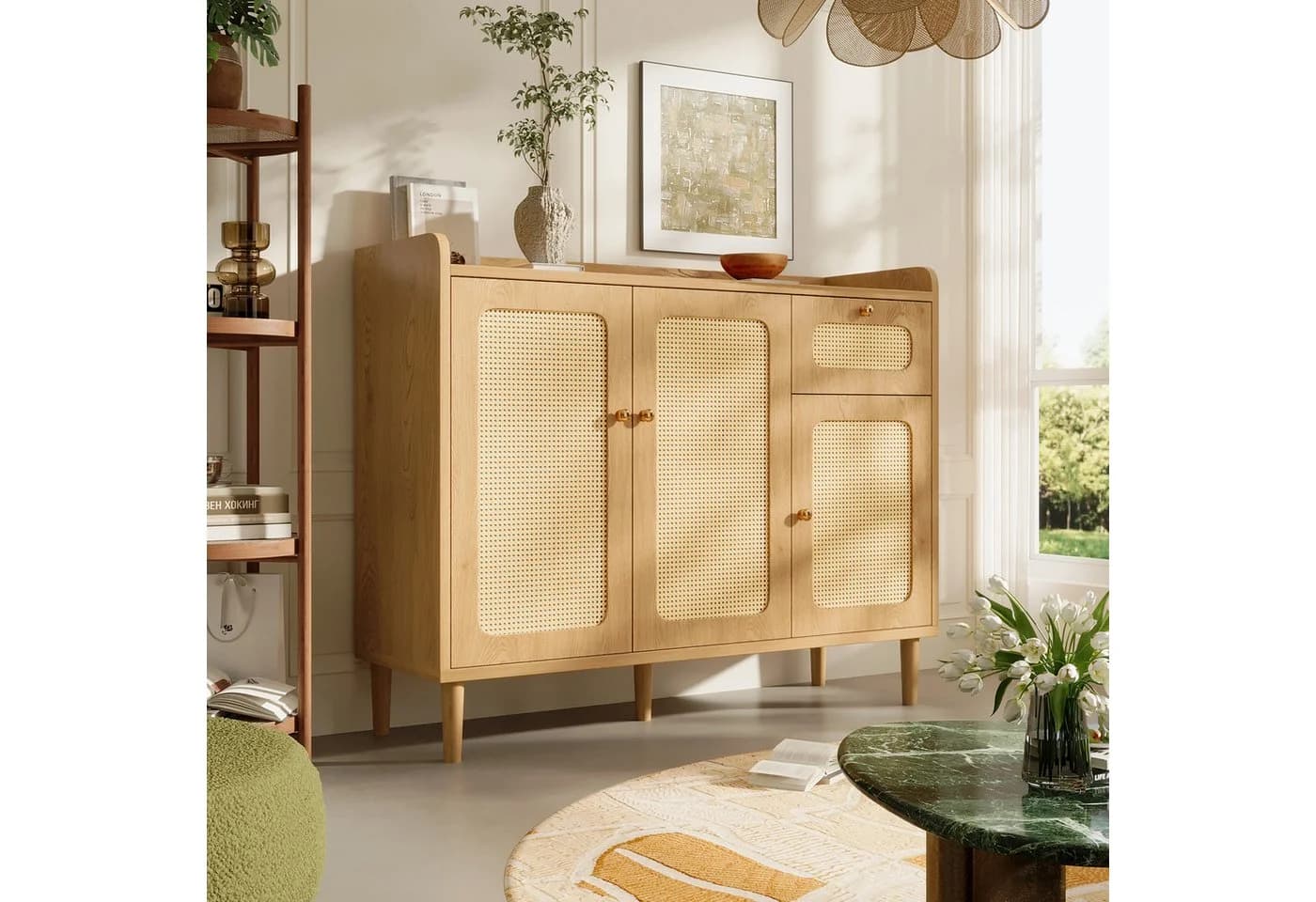 Flieks Sideboard Rattan-Geflecht Eicheholzoptik Beige 3 Türen 1 Schublade - Bild 5