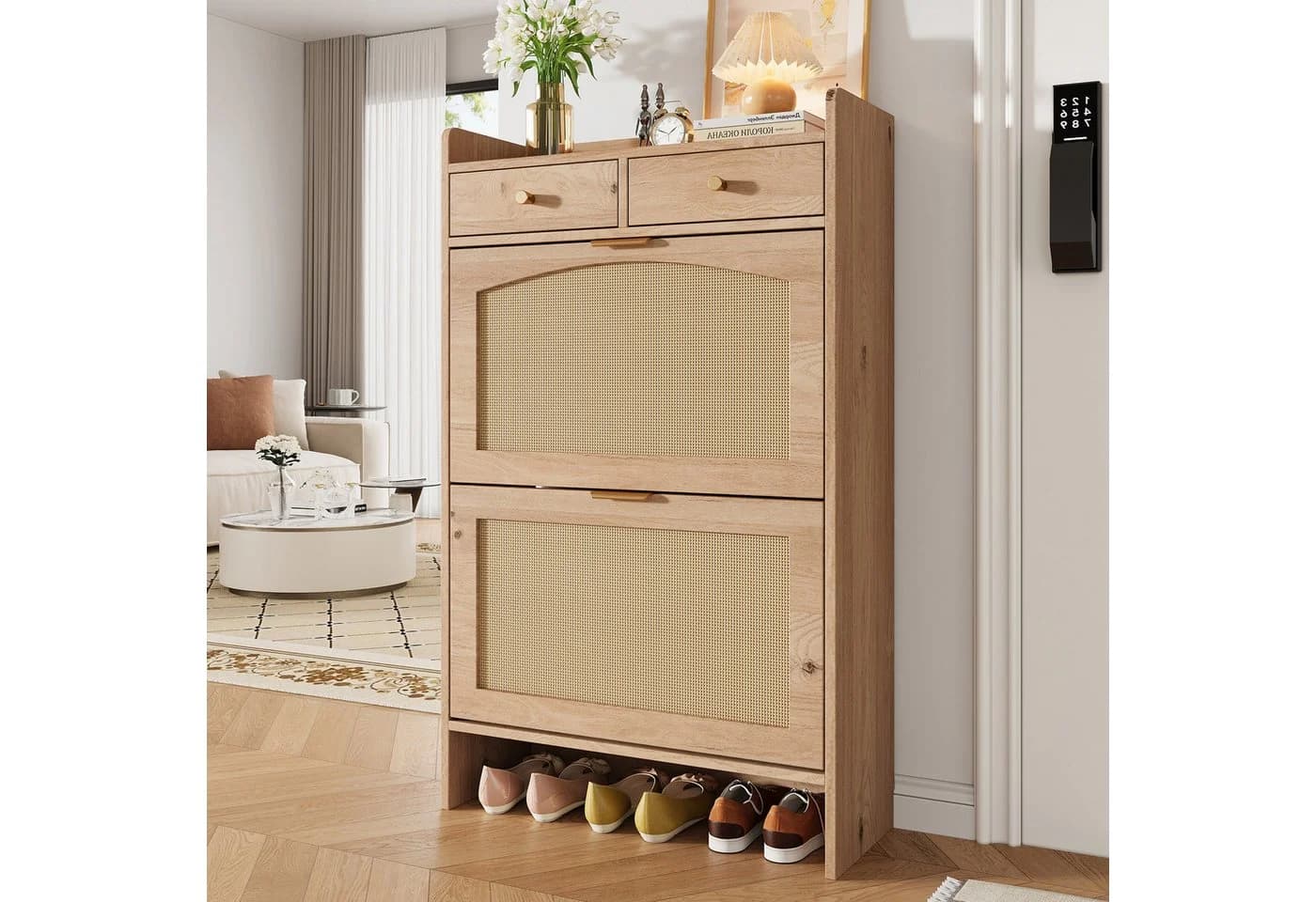 Flieks Schuhschrank mit Rattan-Klappen und Arbeitsplatte Holzoptik - Bild 2