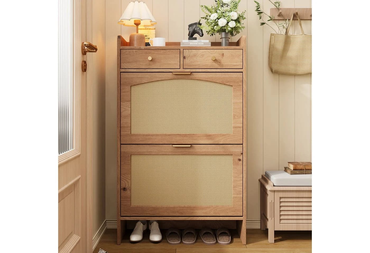 Flieks Schuhschrank mit Rattan-Klappen und Arbeitsplatte Holzoptik - Bild 3