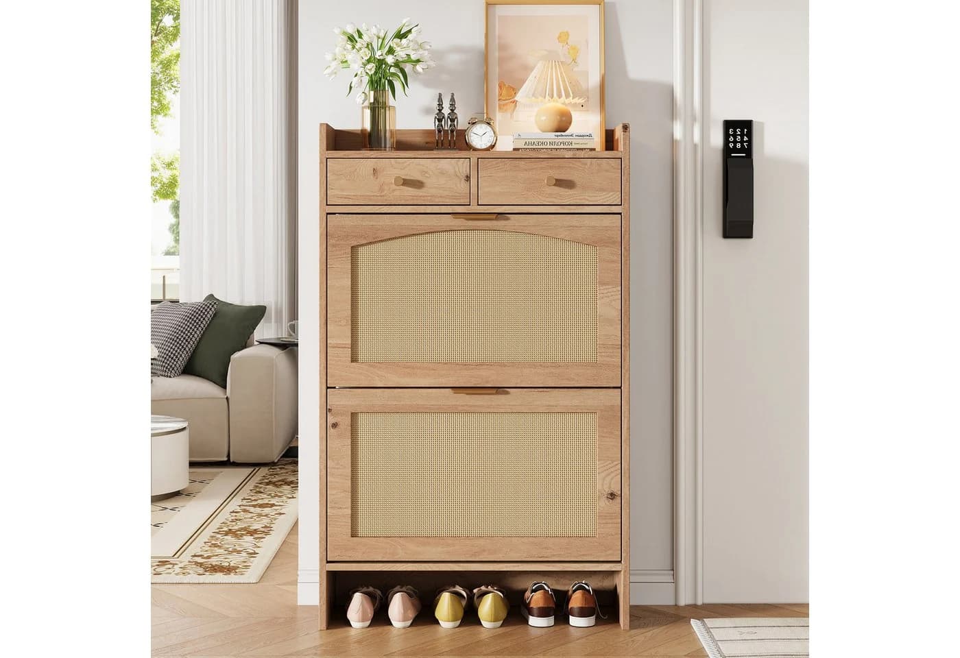 Flieks Schuhschrank mit Rattan-Klappen und Arbeitsplatte Holzoptik - Bild 4