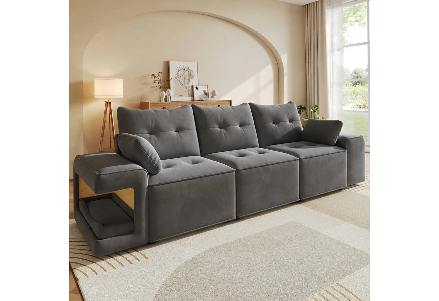 Flieks 3-Sitzer Schlafsofa Beige Samt Stauraum & Haustierbereich - Bild 3