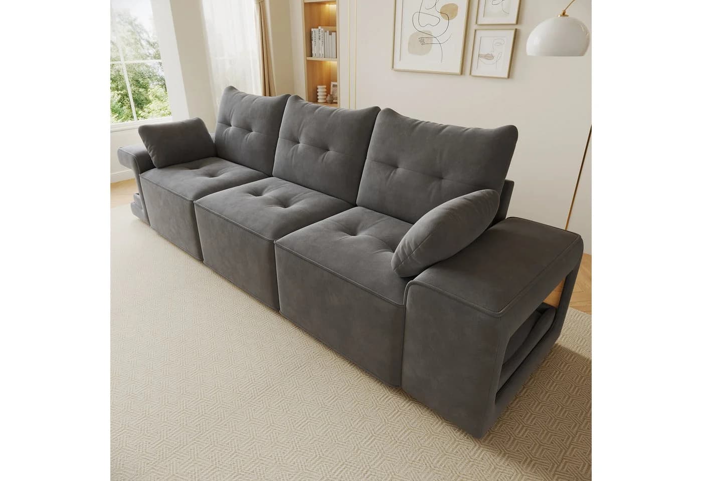 Flieks 3-Sitzer Schlafsofa Beige Samt Stauraum & Haustierbereich - Bild 5