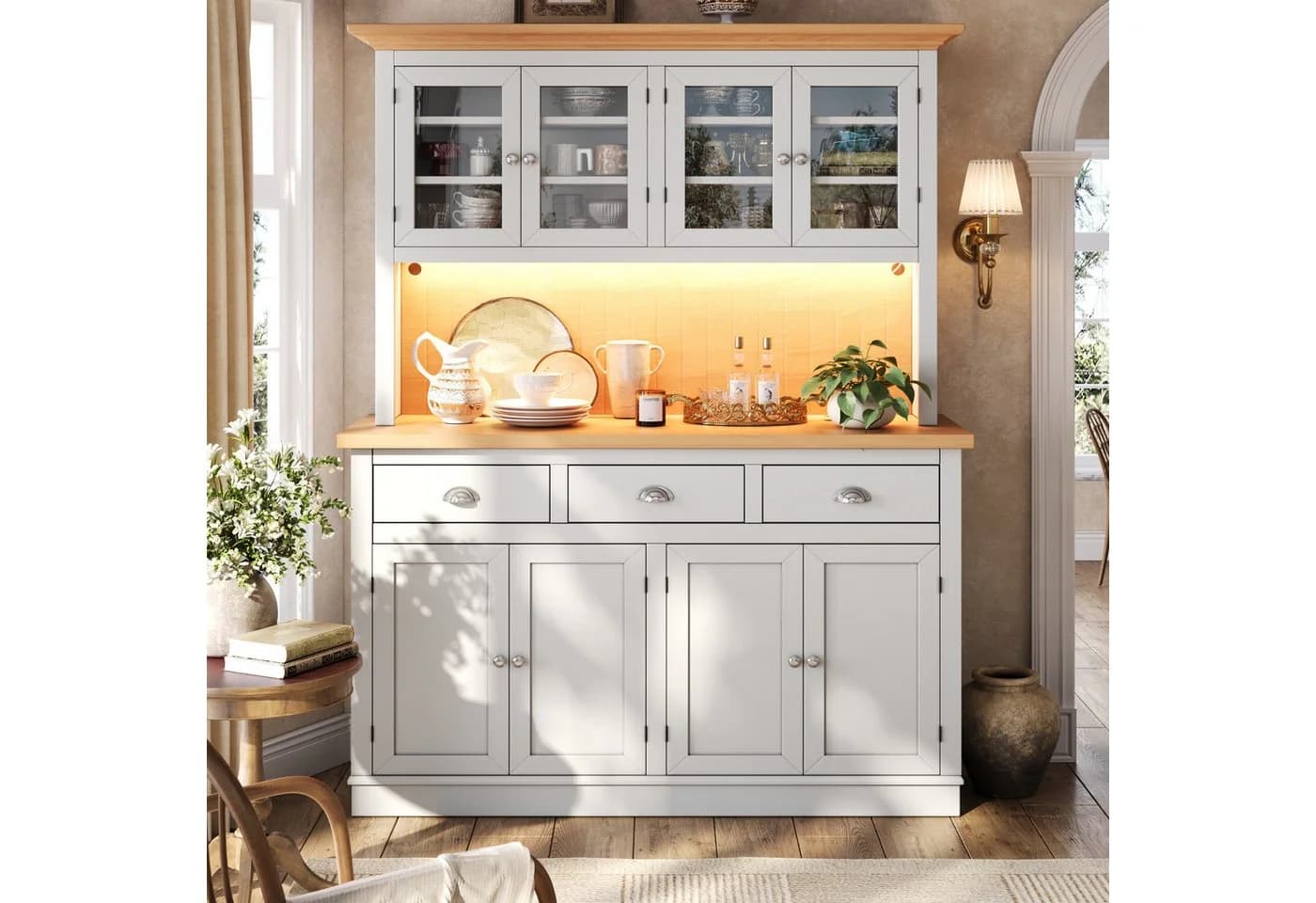 Flieks Küchenbuffet Hochschrank Weiß mit LED-Beleuchtung und Glastüren - Bild 3