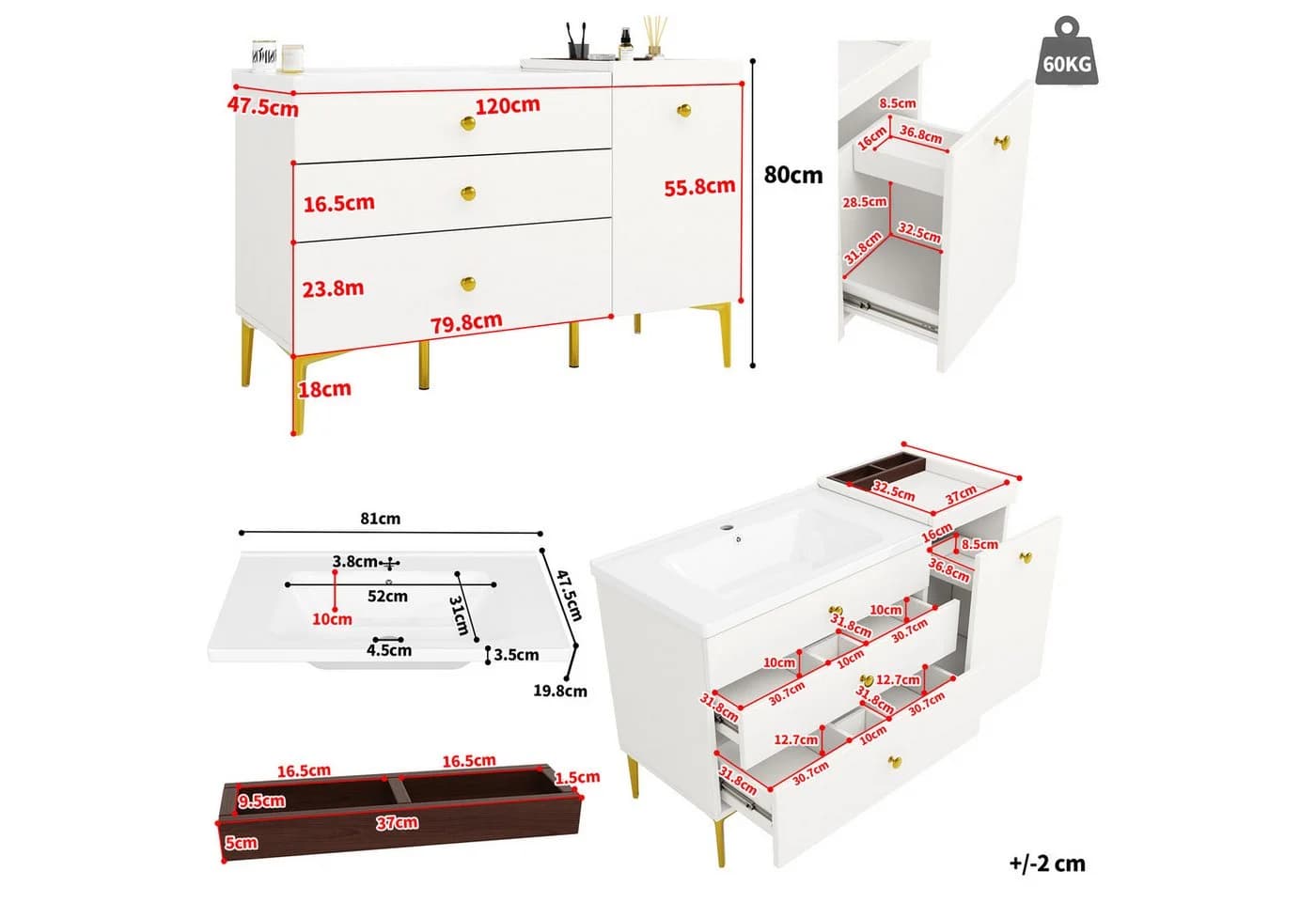Flieks Waschtisch 120 cm mit 3 Schubladen und Keramik-Waschbecken - Bild 4