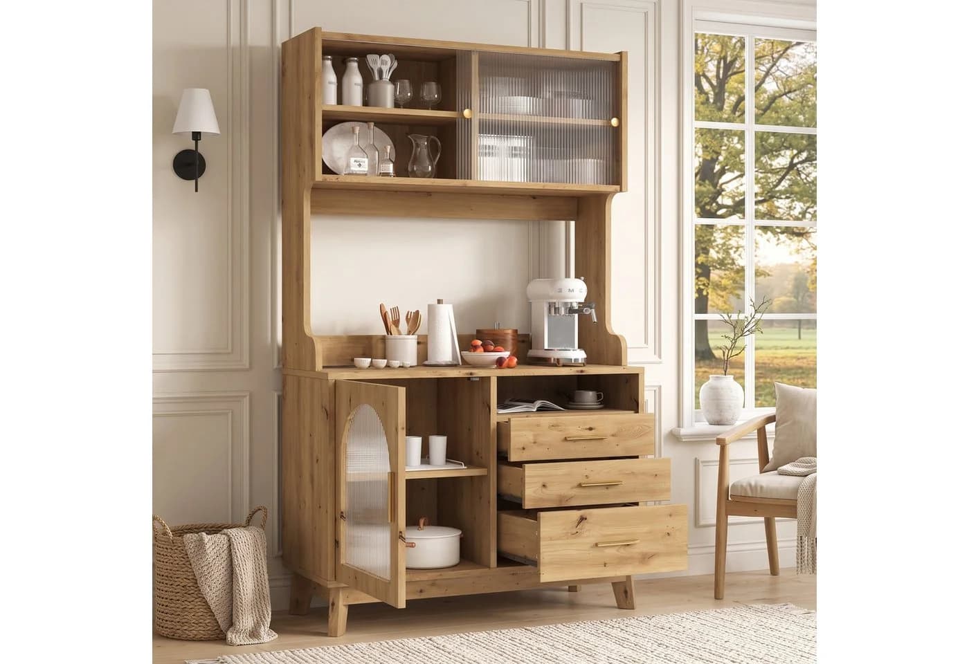 Flieks Küchenbuffet Hochschrank mit Steckdosen und Schubladen