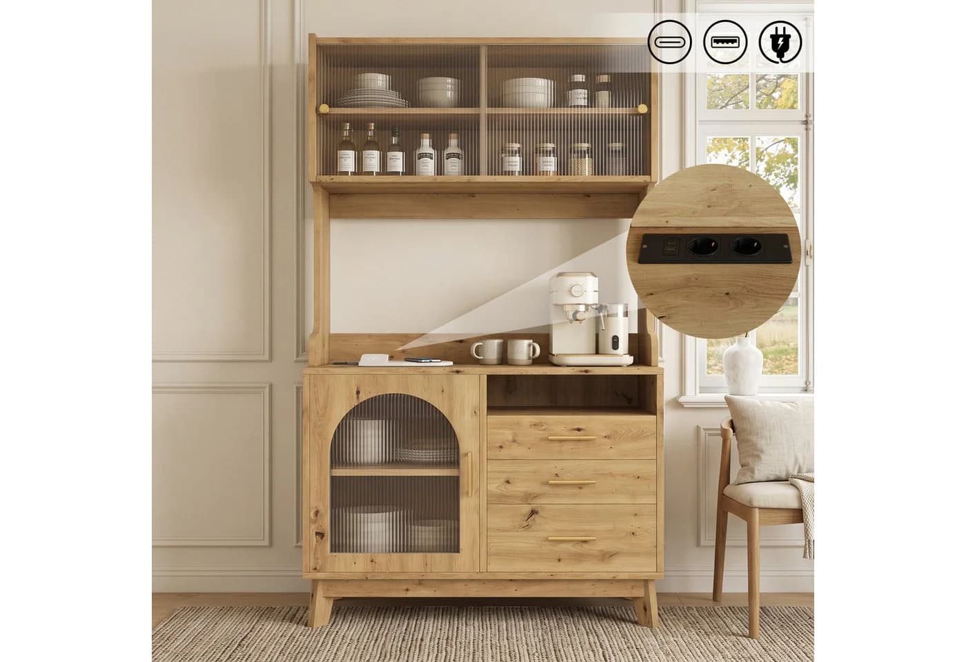 Flieks Küchenbuffet Hochschrank mit Steckdosen und Schubladen - Bild 2