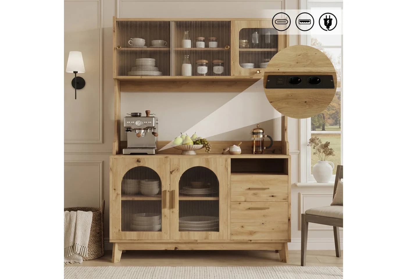 Flieks Küchenbuffet Hochschrank Weiß mit Arbeitsplatte und Steckdosen - Bild 2