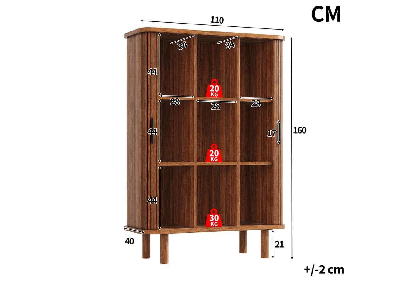 Flieks Hochschrank mit Schiebetüren 9 Fächer Massivholzbeine Walnussholz - Bild 5