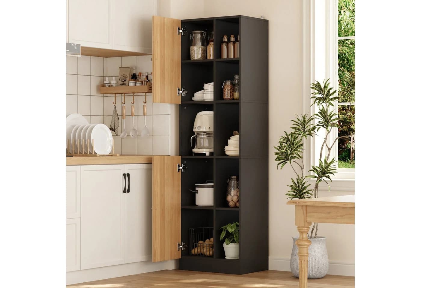 Flieks Hochschrank Eckschrank 6 Regale 2 Türen Natur & Schwarz
