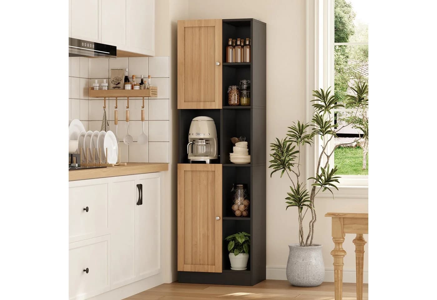 Flieks Hochschrank Eckschrank 6 Regale 2 Türen Natur & Schwarz - Bild 2