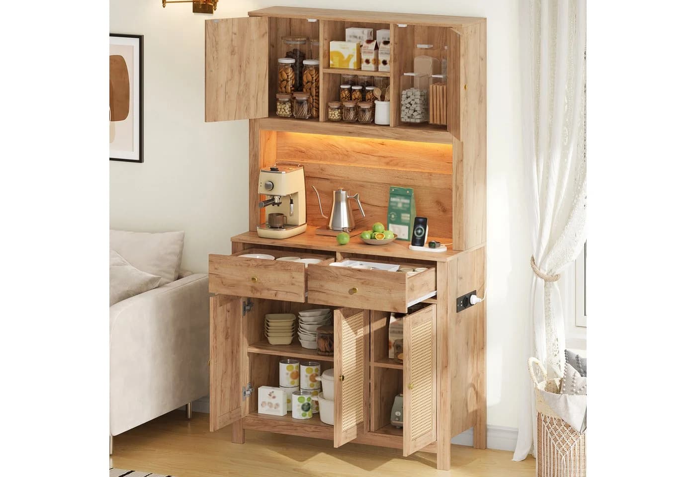 Flieks Küchenbuffet Hochschrank mit LED-Beleuchtung und Steckdosen - Bild 3