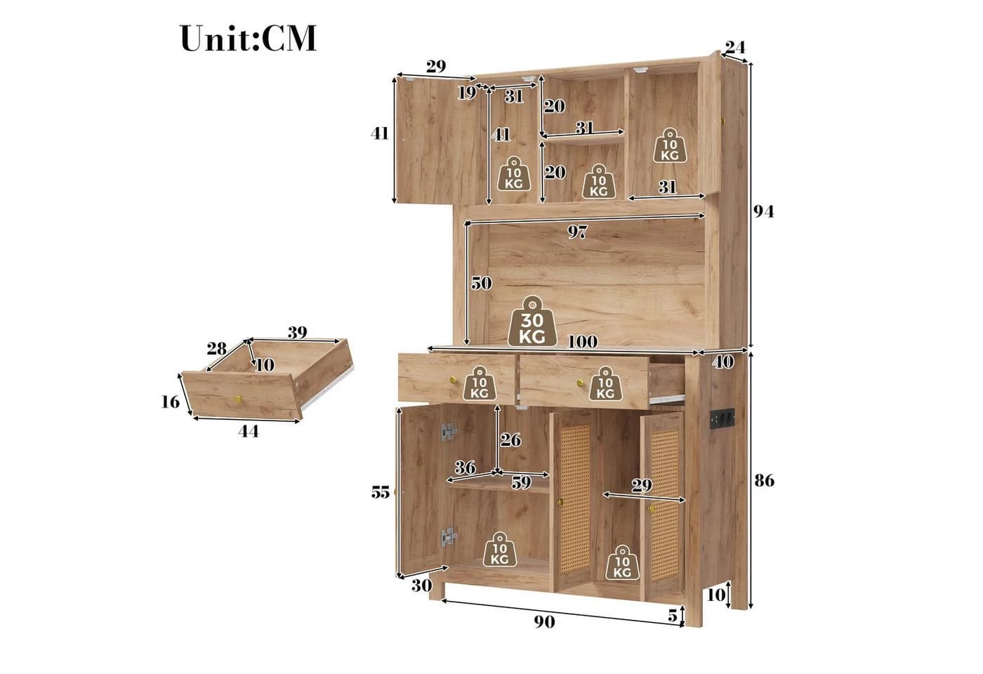 Flieks Küchenbuffet Hochschrank mit LED-Beleuchtung und Steckdosen - Bild 5