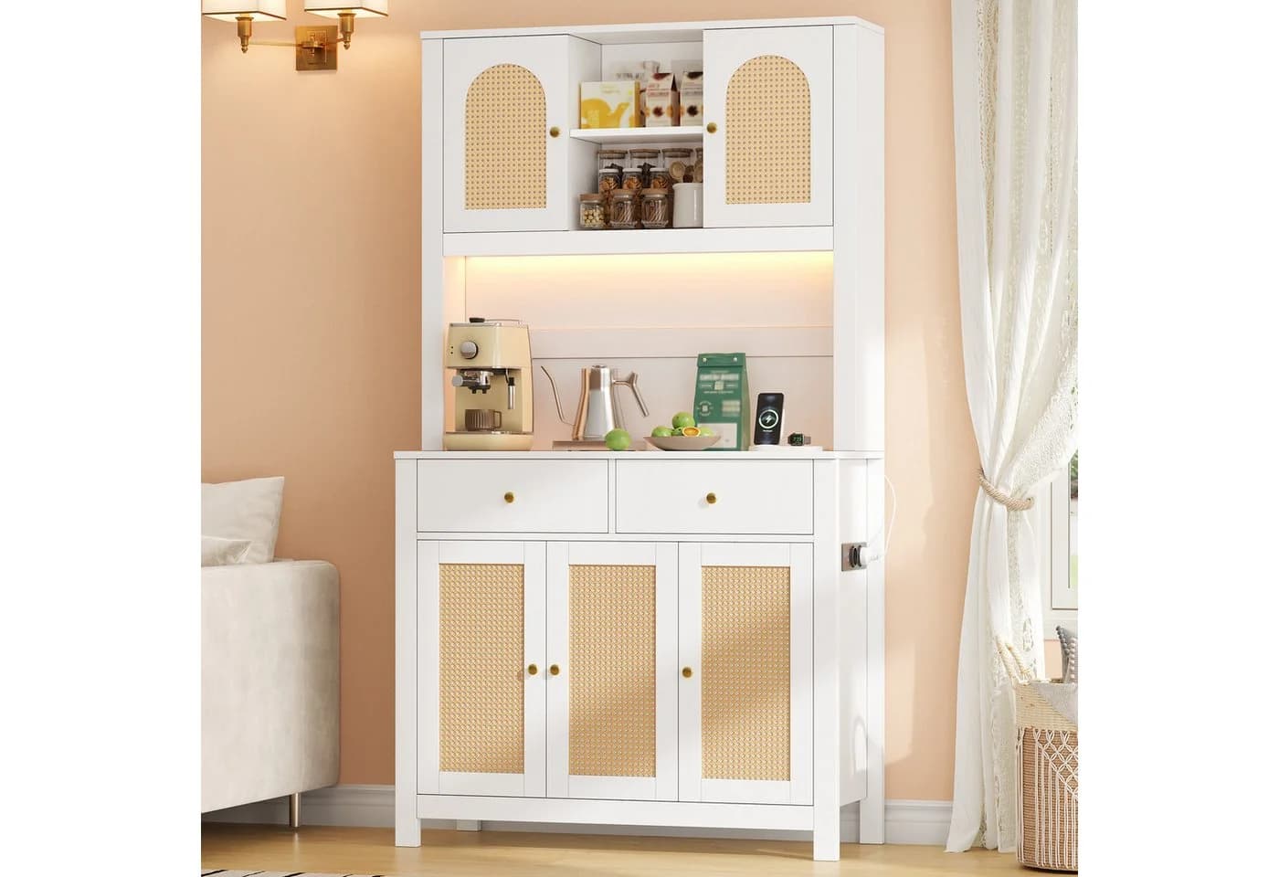Flieks Küchenbuffet Hochschrank Weiß mit LED, Steckdosen & Rattan - Bild 2