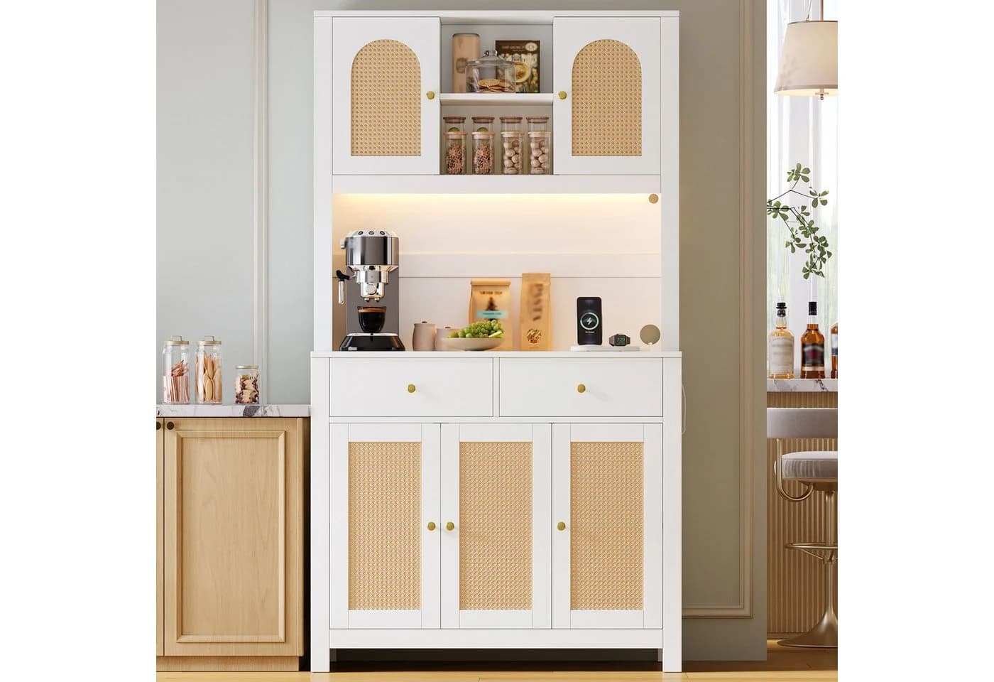 Flieks Küchenbuffet Hochschrank Weiß mit LED, Steckdosen & Rattan - Bild 3