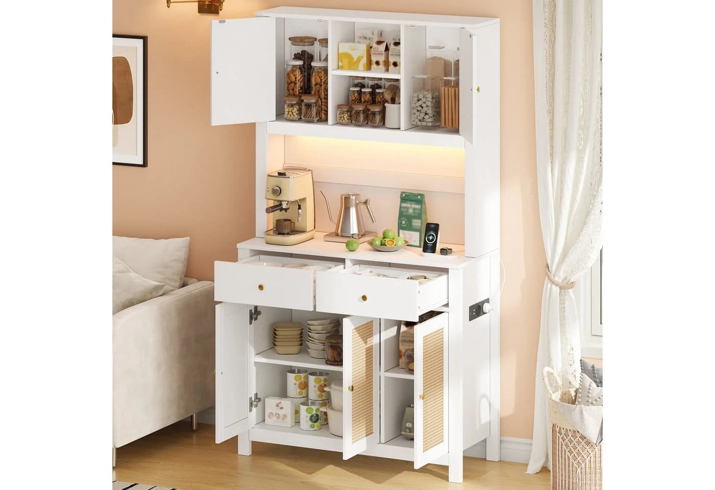 Flieks Küchenbuffet Hochschrank Weiß mit LED, Steckdosen & Rattan - Bild 4