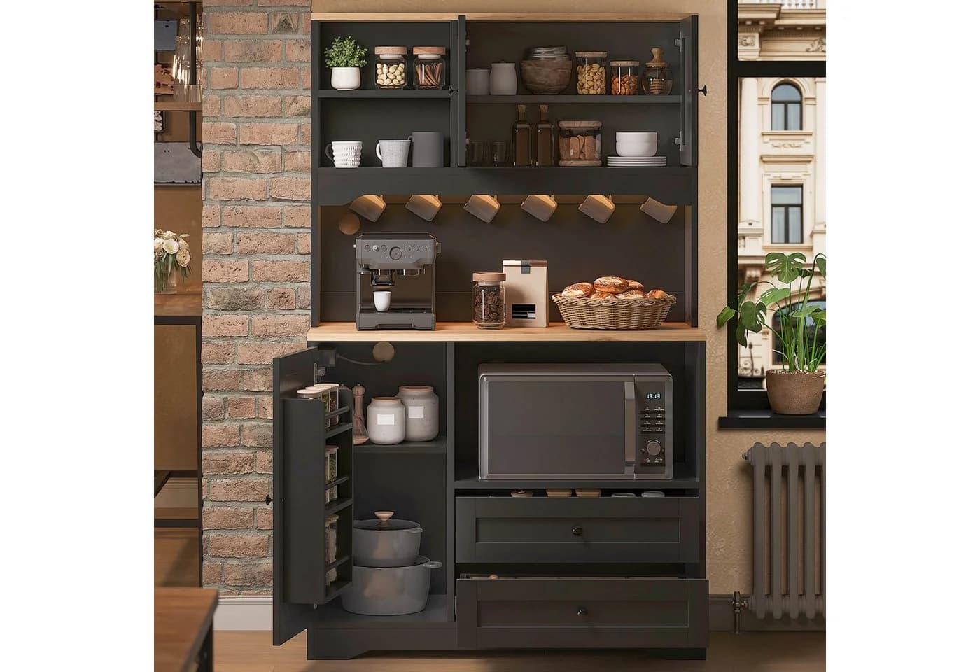 Flieks Küchenbuffet Hochschrank mit LED-Beleuchtung und Steckdosen