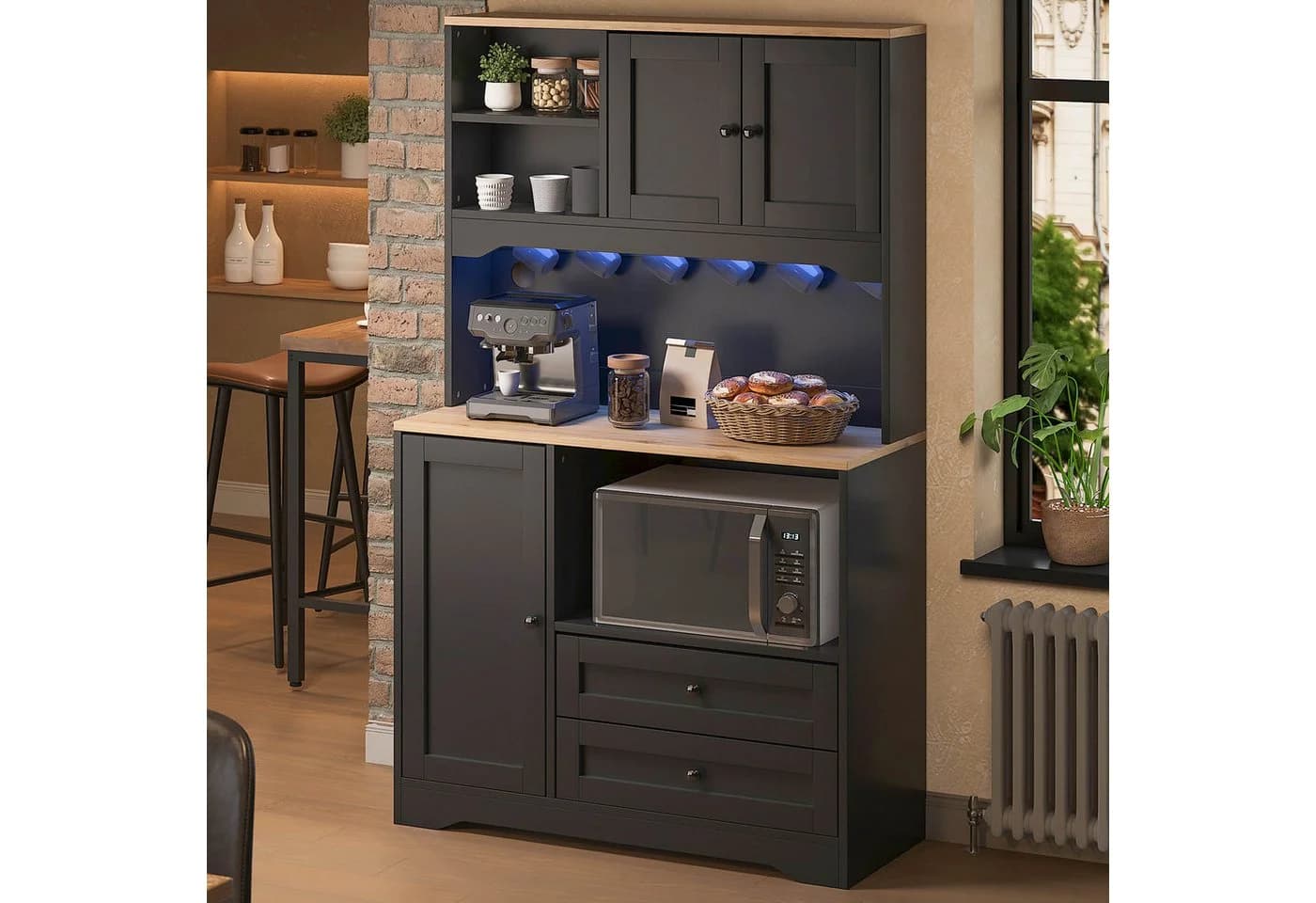 Flieks Küchenbuffet Hochschrank mit LED-Beleuchtung und Steckdosen - Bild 3