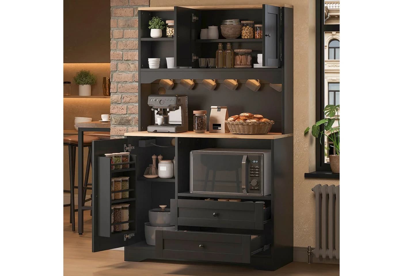 Flieks Küchenbuffet Hochschrank mit LED-Beleuchtung und Steckdosen - Bild 4