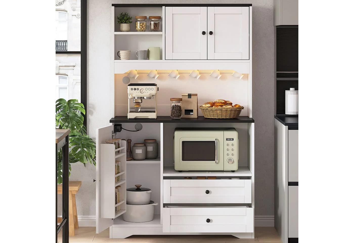Flieks Küchenbuffet Hochschrank Schwarz/Weiß mit LED, Steckdosen & Haken