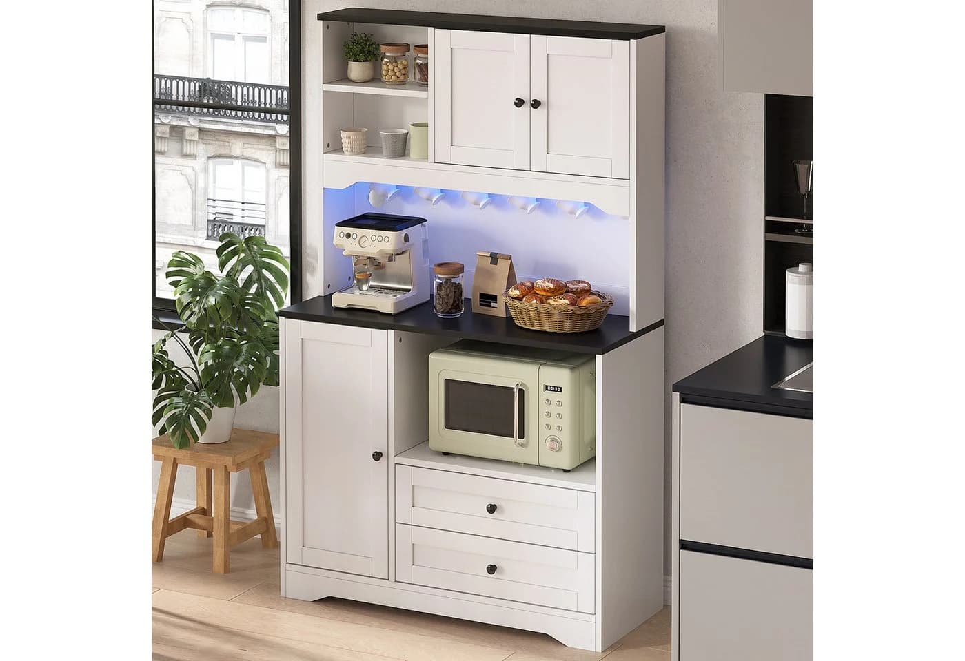 Flieks Küchenbuffet Hochschrank Schwarz/Weiß mit LED, Steckdosen & Haken - Bild 3