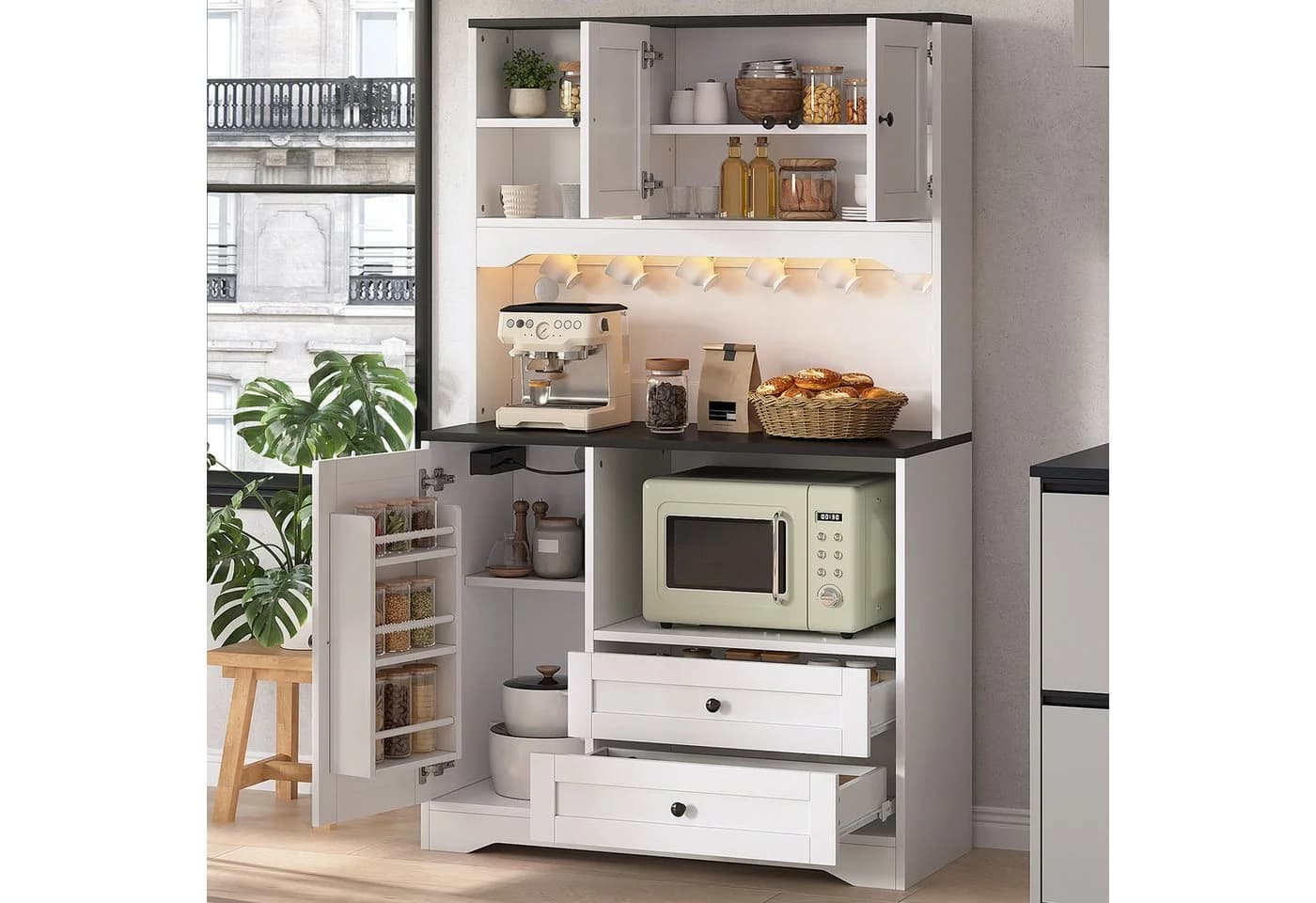 Flieks Küchenbuffet Hochschrank Schwarz/Weiß mit LED, Steckdosen & Haken - Bild 4