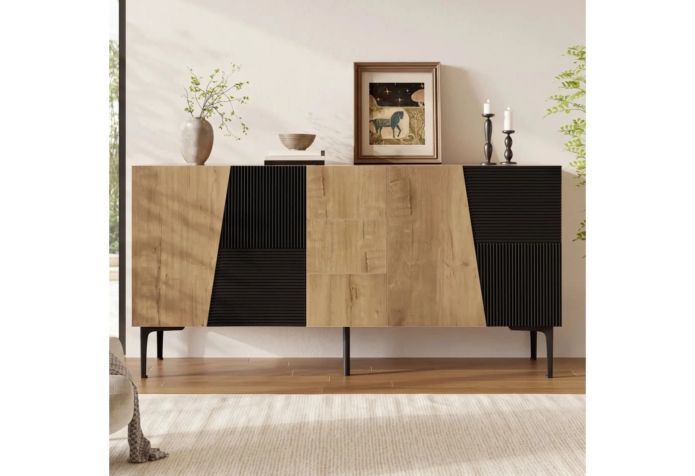Flieks Sideboard 4 Türen 3 Schubladen Holzoptik Schwarz