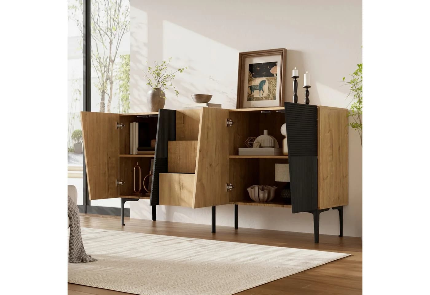 Flieks Sideboard 4 Türen 3 Schubladen Holzoptik Schwarz - Bild 3