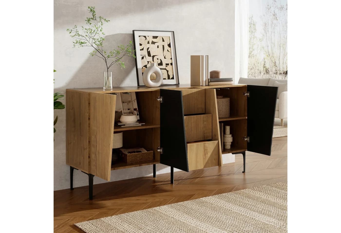 Flieks Sideboard 4 Türen 3 Schubladen Holzoptik Schwarz - Bild 4