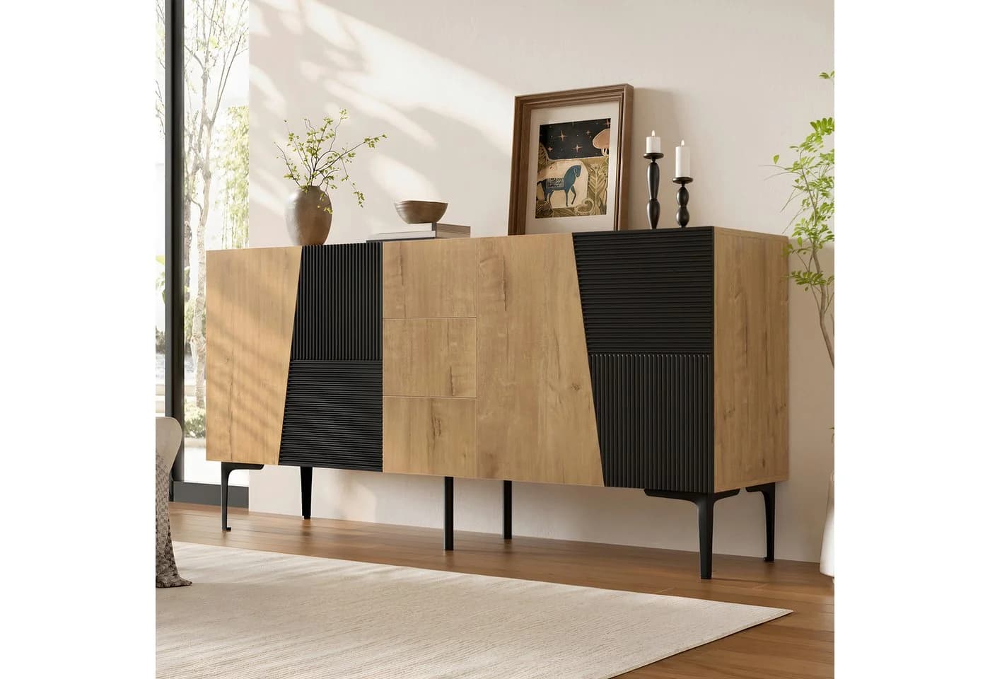 Flieks Sideboard 4 Türen 3 Schubladen Holzoptik Schwarz - Bild 5