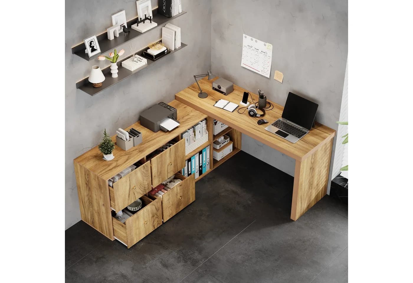 Flieks L-förmiger Schreibtisch 360° drehbar mit Schubladen beige - Bild 3