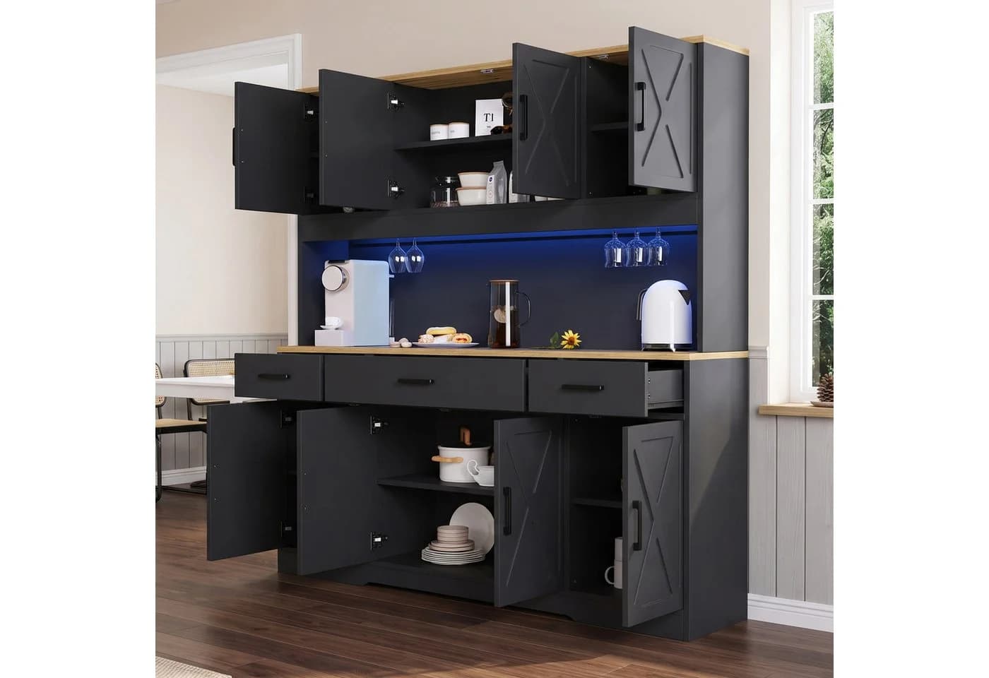 Flieks Küchenbuffet Hochschrank Schwarz mit LED, Steckdose & Gläserhalter