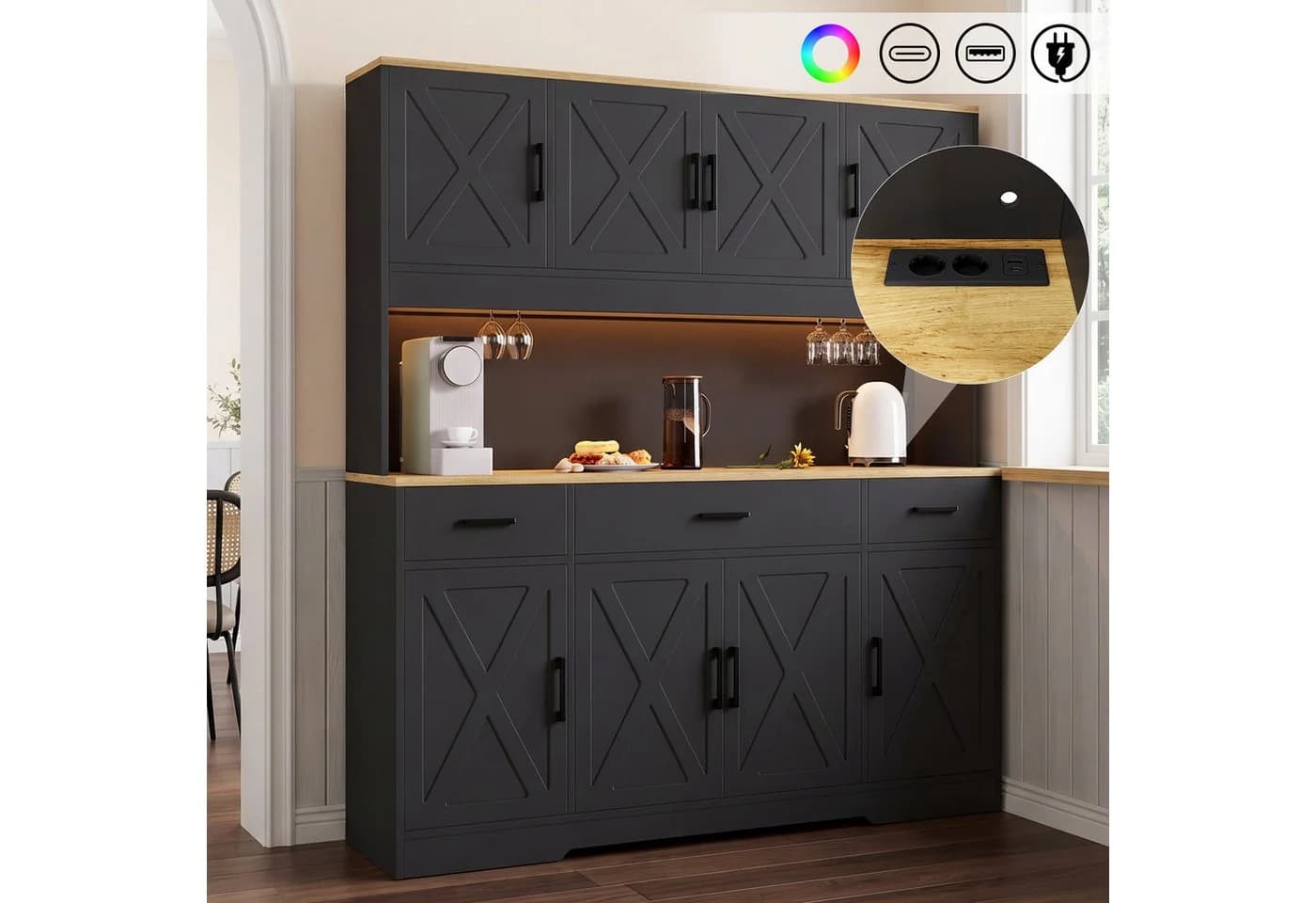 Flieks Küchenbuffet Hochschrank Schwarz mit LED, Steckdose & Gläserhalter - Bild 2