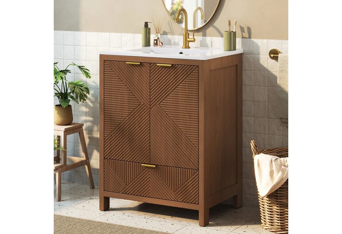 Flieks Waschtischunterschrank mit Waschbecken Soft-Close Walnussholz