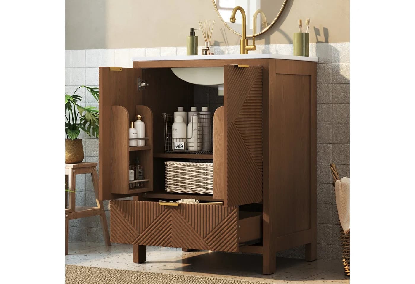 Flieks Waschtischunterschrank mit Waschbecken Soft-Close Walnussholz - Bild 2