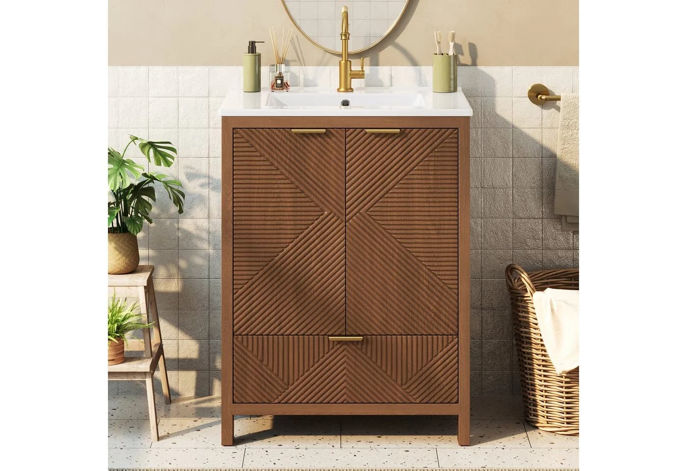 Flieks Waschtischunterschrank mit Waschbecken Soft-Close Walnussholz - Bild 3