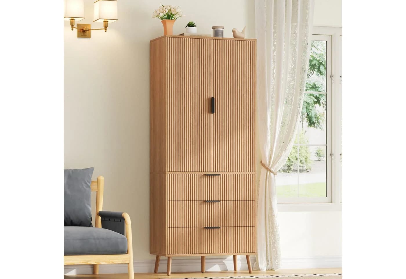 Flieks Hochschrank Vorratsschrank mit Schubladen und Massivholzbeinen Natur - Bild 2