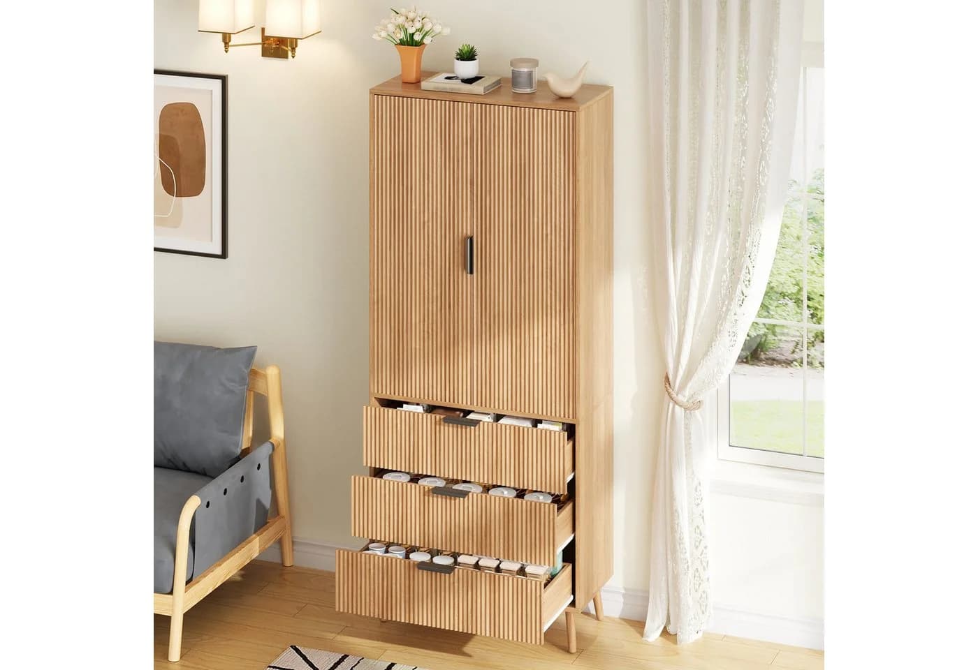 Flieks Hochschrank Vorratsschrank mit Schubladen und Massivholzbeinen Natur - Bild 4