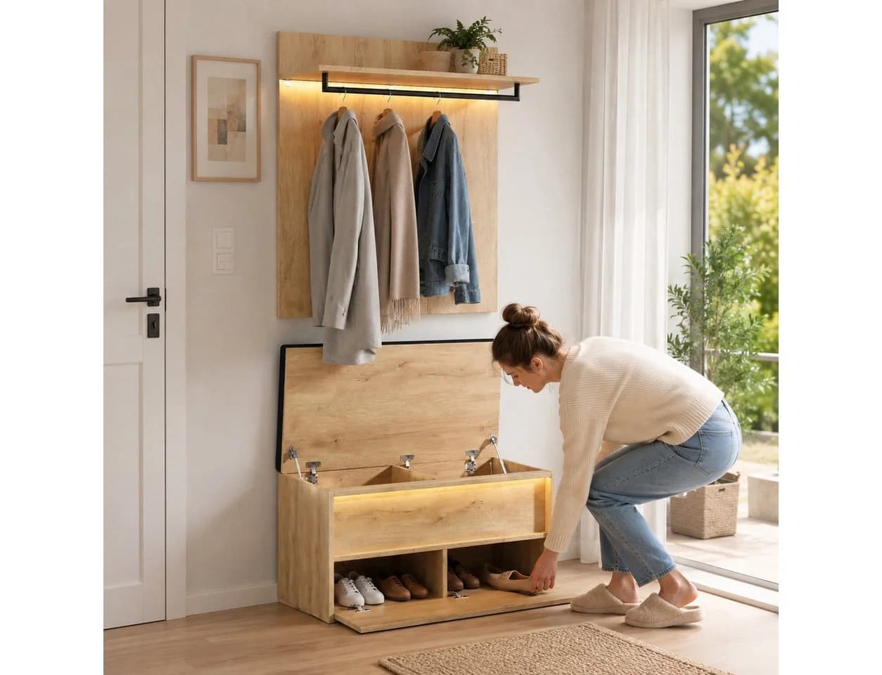 Flieks Garderoben-Set Holzoptik mit LED-Beleuchtung und Sitzbank