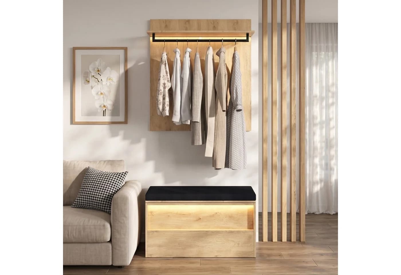 Flieks Garderoben-Set Holzoptik mit LED-Beleuchtung und Sitzbank - Bild 2