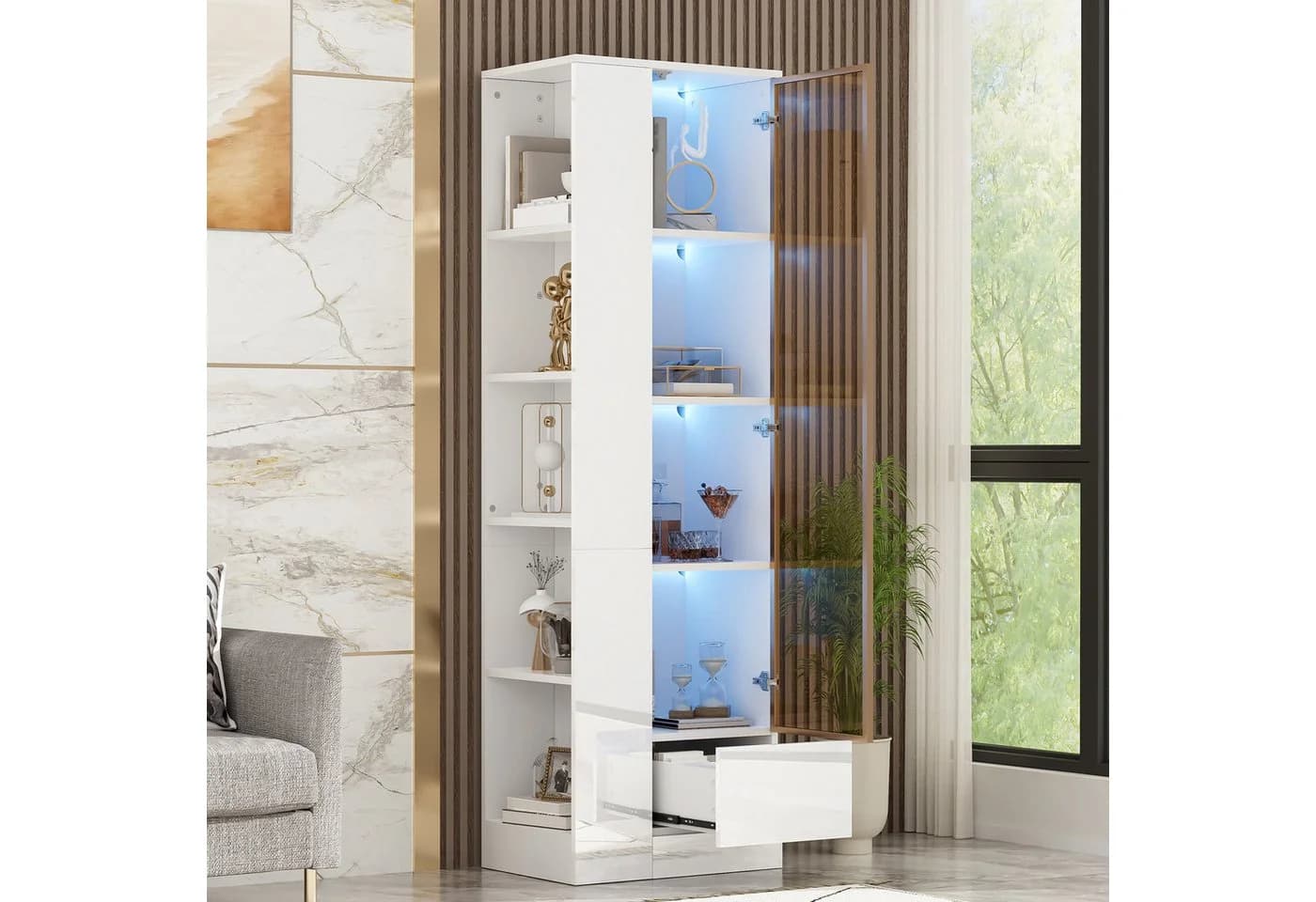 Flieks Glasvitrine Hochschrank Eckvitrine mit LED-Beleuchtung Hochglanz Weiß - Bild 2