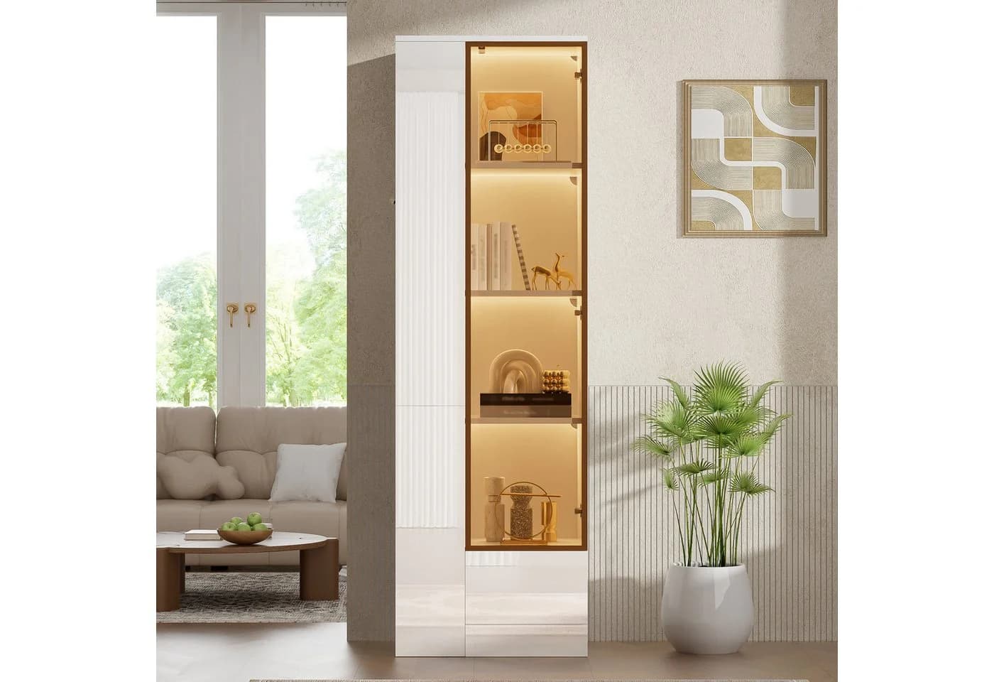 Flieks Glasvitrine Hochschrank Eckvitrine mit LED-Beleuchtung Hochglanz Weiß - Bild 3