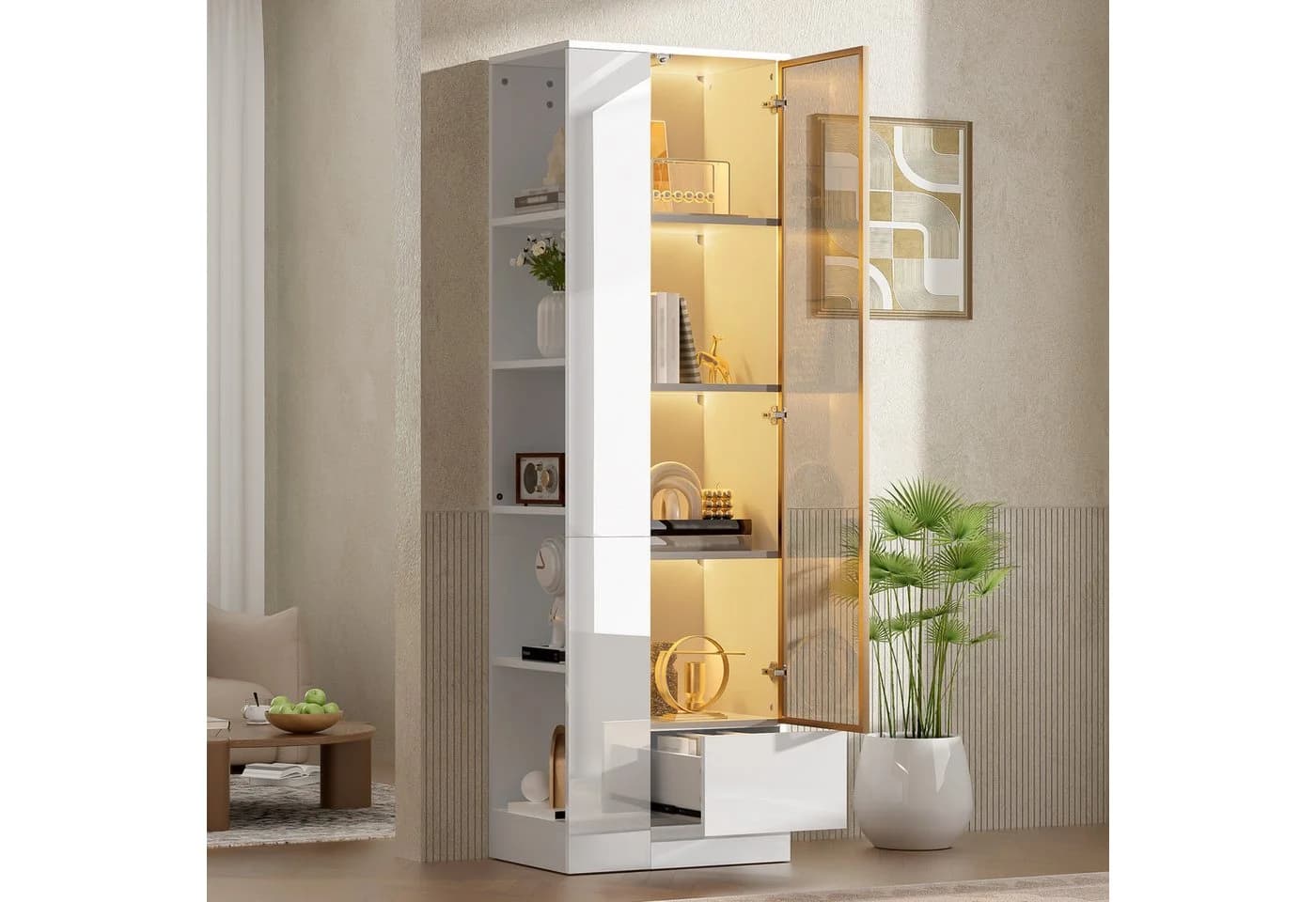 Flieks Glasvitrine Hochschrank Eckvitrine mit LED-Beleuchtung Hochglanz Weiß - Bild 4