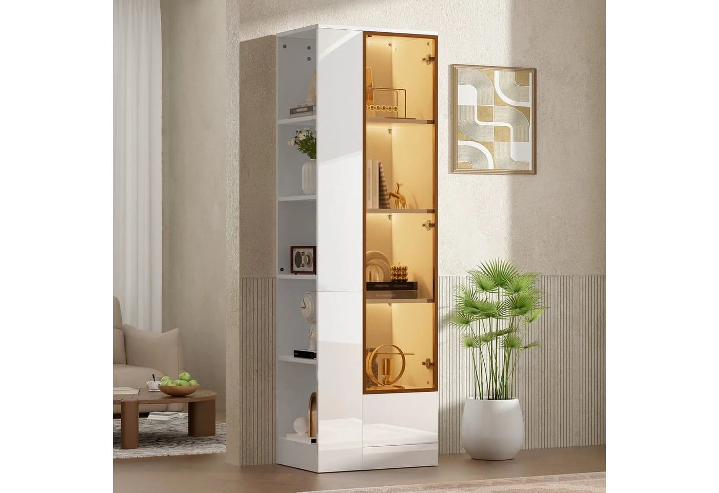 Flieks Glasvitrine Hochschrank Eckvitrine mit LED-Beleuchtung Hochglanz Weiß - Bild 5